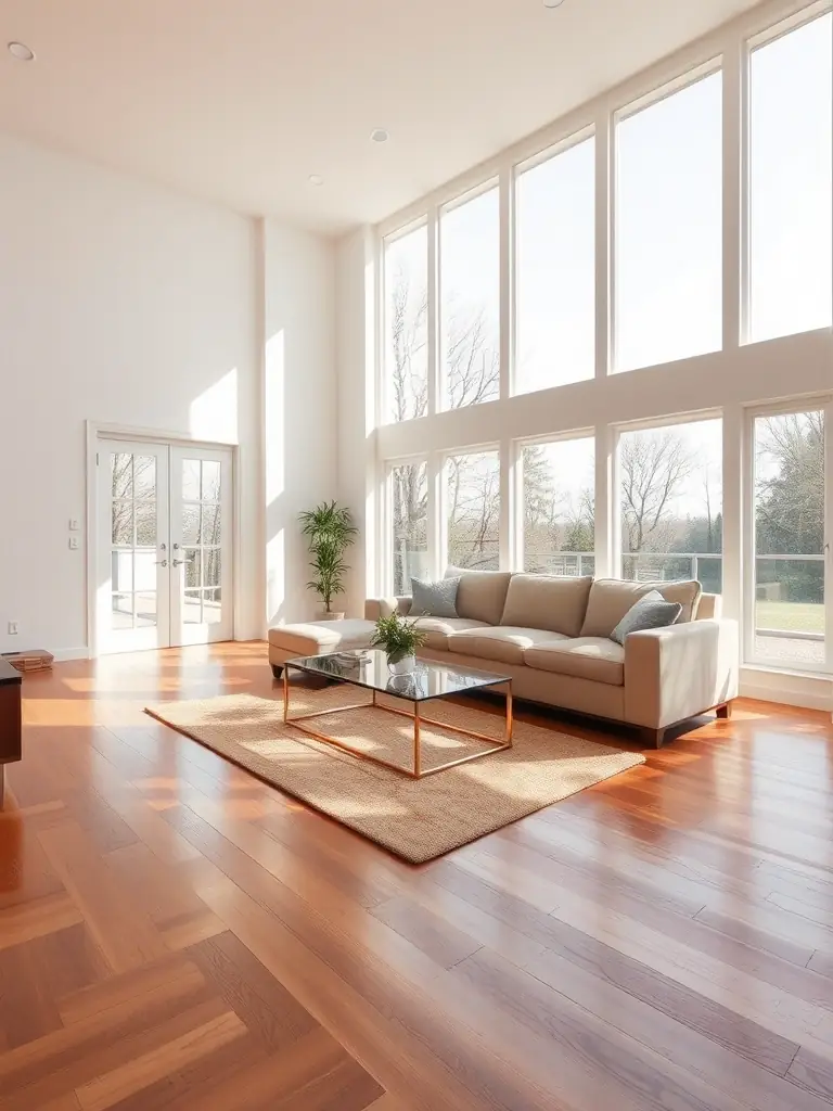 A bright and airy living room in a private home, showcasing the results of a thorough cleaning, with sunlight streaming through the windows, emphasizing the comfort and cleanliness achieved by Harlow Business Services.