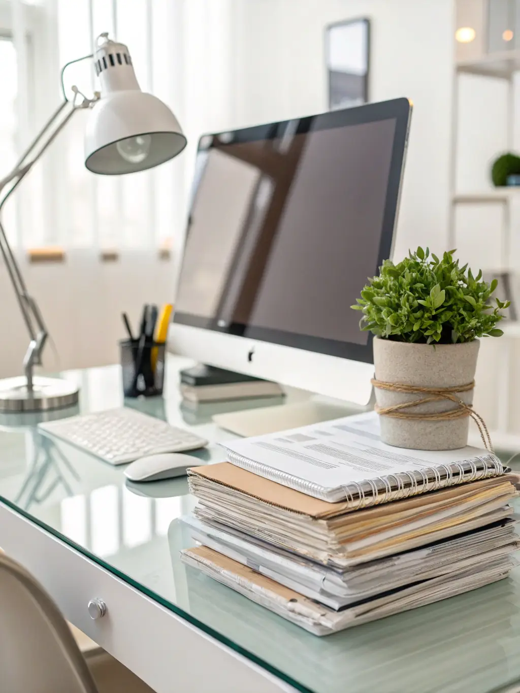 A close-up shot of a sparkling clean office desk, with a computer, lamp, and other office supplies neatly arranged, highlighting the office cleaning services provided by Harlow Business Services.