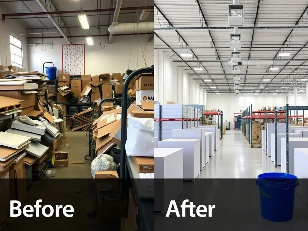 A before-and-after shot of a factory floor, demonstrating the effectiveness of Harlow Business Services' industrial cleaning capabilities.