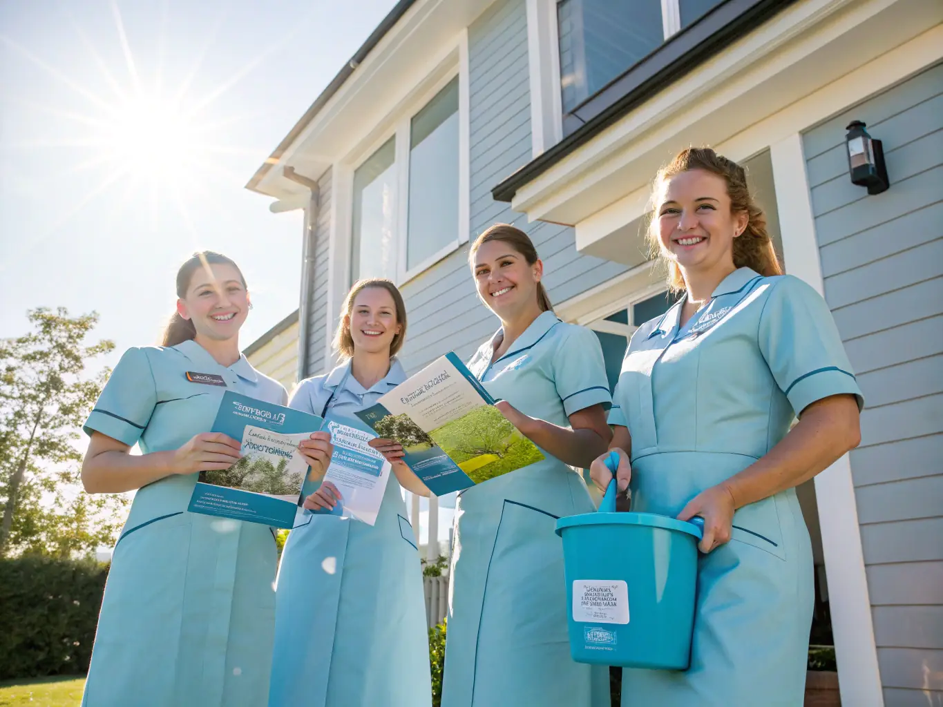 A smiling Harlow Business Services cleaning crew standing in front of a sparkling clean office building, showcasing their professionalism and dedication to quality.