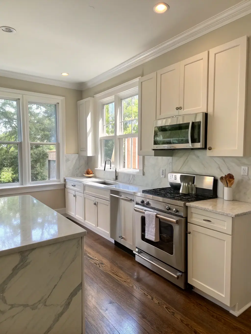 A pristine kitchen in a private home, with gleaming countertops, spotless appliances, and organized cabinets, highlighting the attention to detail in Harlow Business Services' kitchen cleaning service.