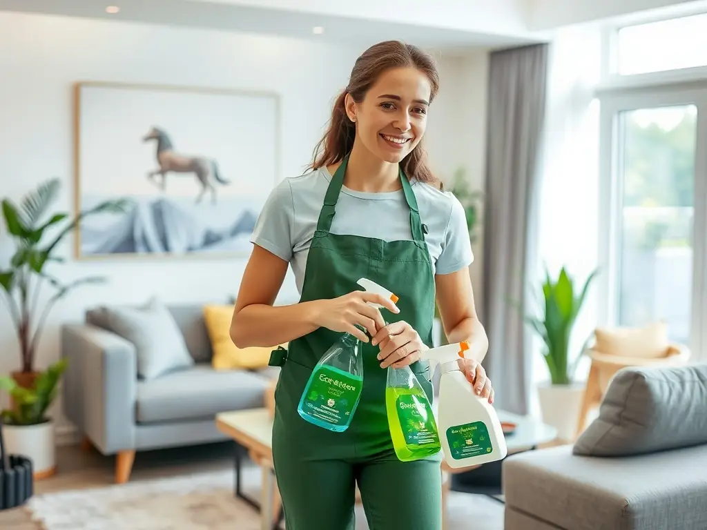 An image of a modern home interior being cleaned with eco-friendly products, highlighting Harlow Business Services' commitment to sustainability.