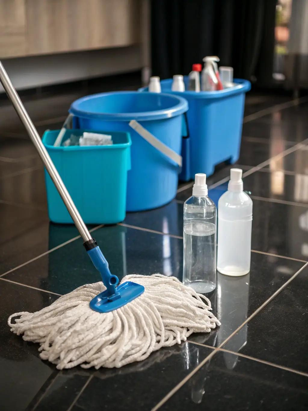A high-angle shot of a spotless factory floor, cleaned to perfection, with modern cleaning equipment neatly arranged in the background, emphasizing the industrial cleaning capabilities of Harlow Business Services.